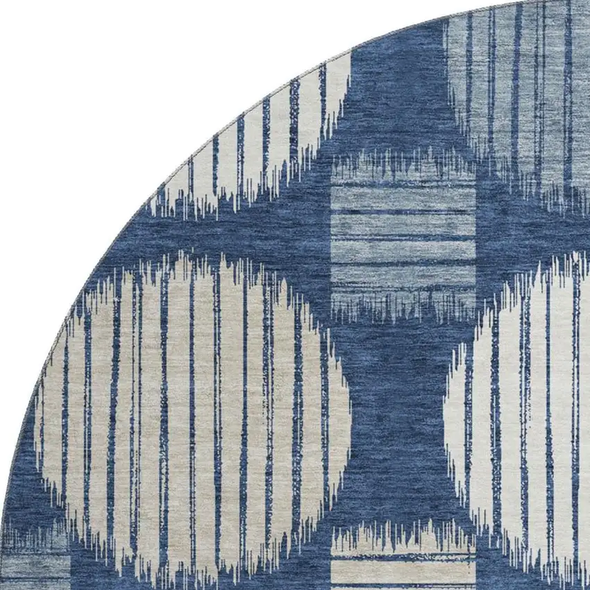 8' Navy Blue Ivory And Beige Geometric Washable Round Rug With UV Protection Photo 3