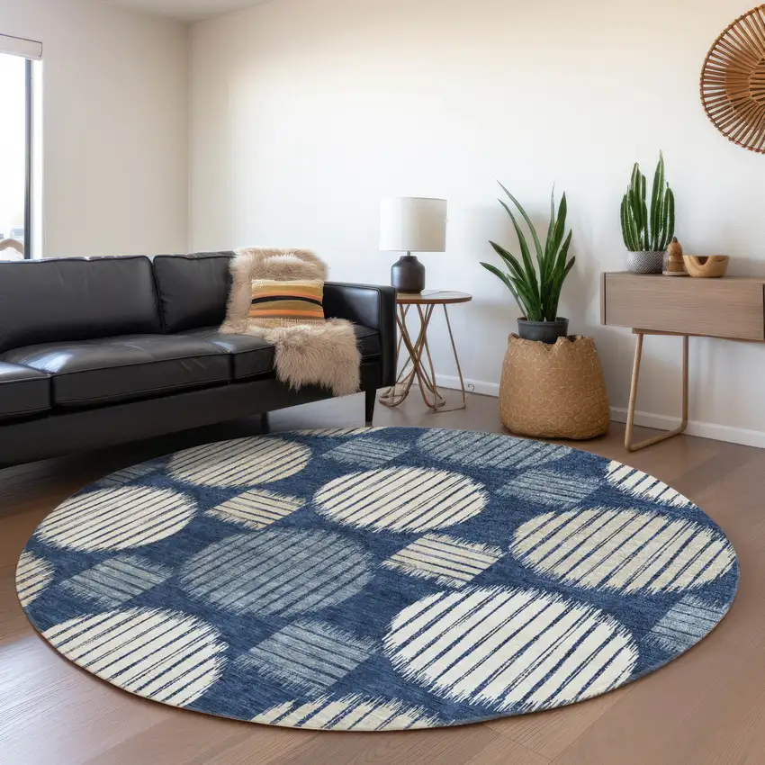 8' Navy Blue Ivory And Beige Geometric Washable Round Rug With UV Protection Photo 5