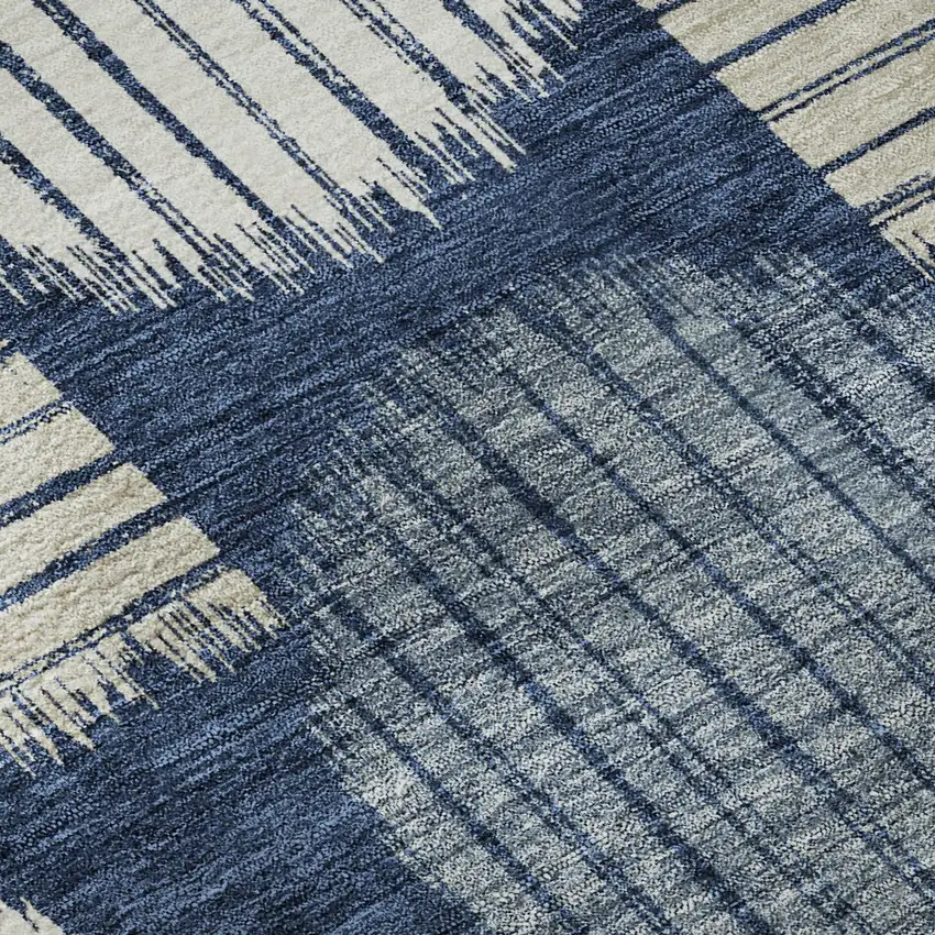 8' Navy Blue Ivory And Beige Geometric Washable Round Rug With UV Protection Photo 9