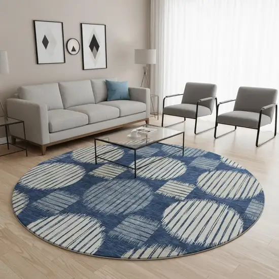 8' Navy Blue Ivory And Beige Geometric Washable Round Rug With UV Protection Photo 2