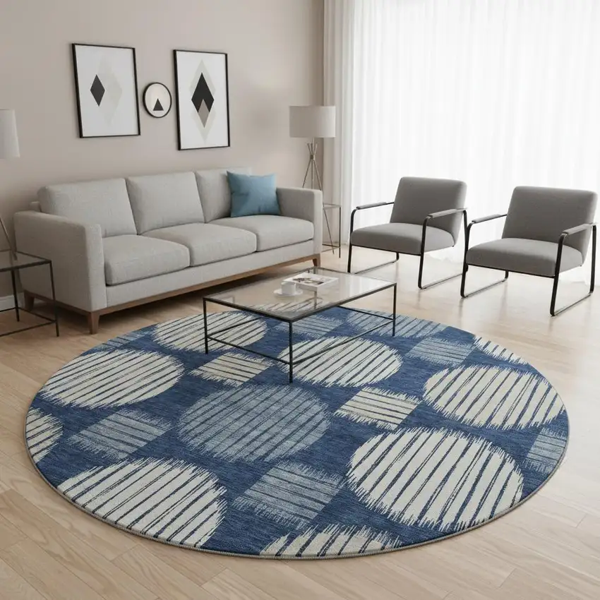 8' Navy Blue Ivory And Beige Geometric Washable Round Rug With UV Protection Photo 2