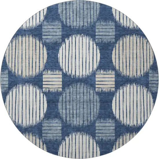 8' Navy Blue Ivory And Beige Geometric Washable Round Rug With UV Protection Photo 4