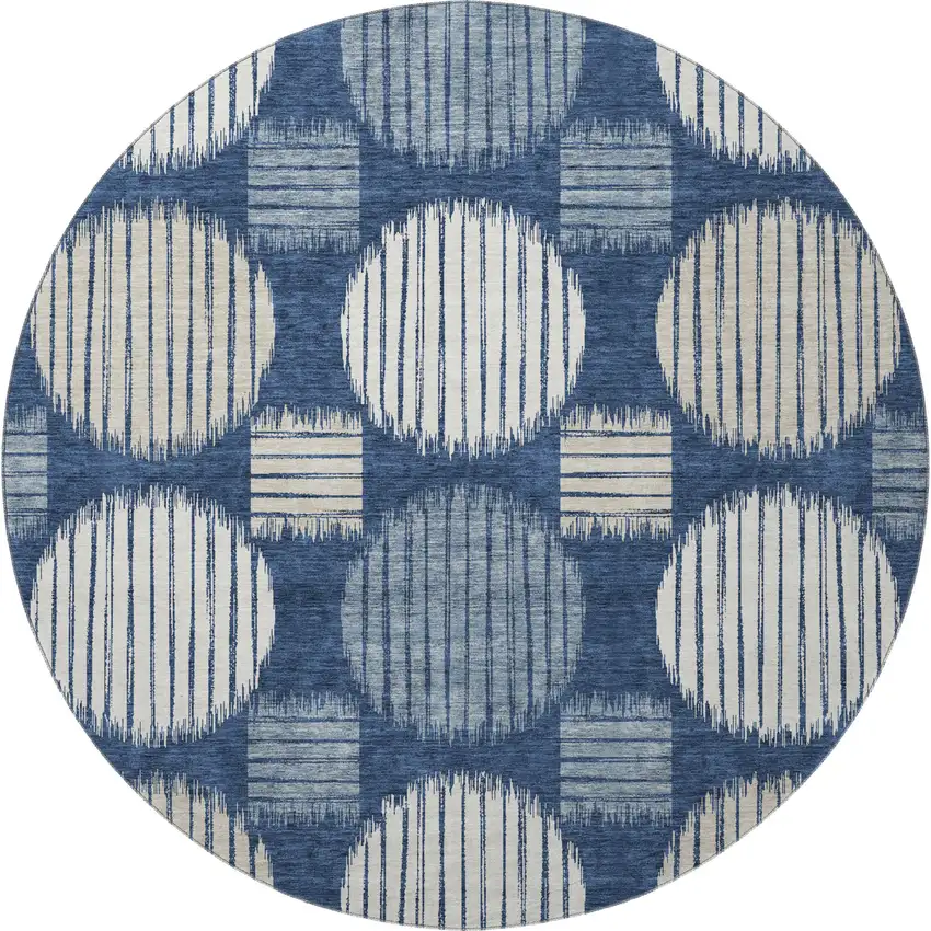 8' Navy Blue Ivory And Beige Geometric Washable Round Rug With UV Protection Photo 4