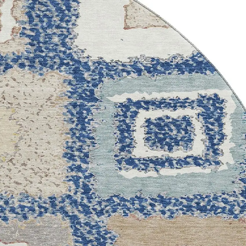 8' Navy Blue Ivory And Beige Geometric Washable Round Rug With UV Protection Photo 3