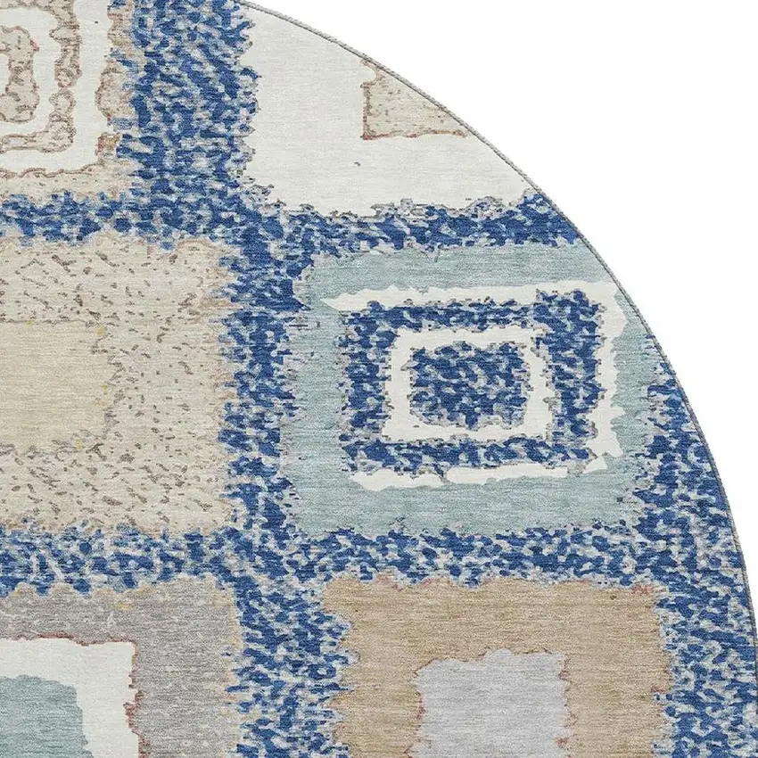 8' Navy Blue Ivory And Beige Geometric Washable Round Rug With UV Protection Photo 4