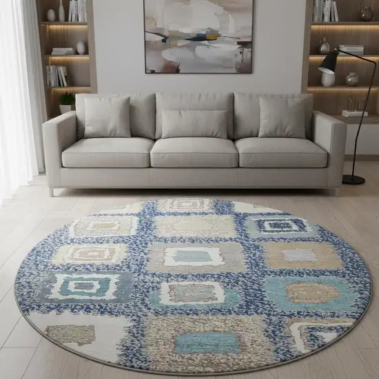 8' Navy Blue Ivory And Beige Geometric Washable Round Rug With UV Protection Photo 2