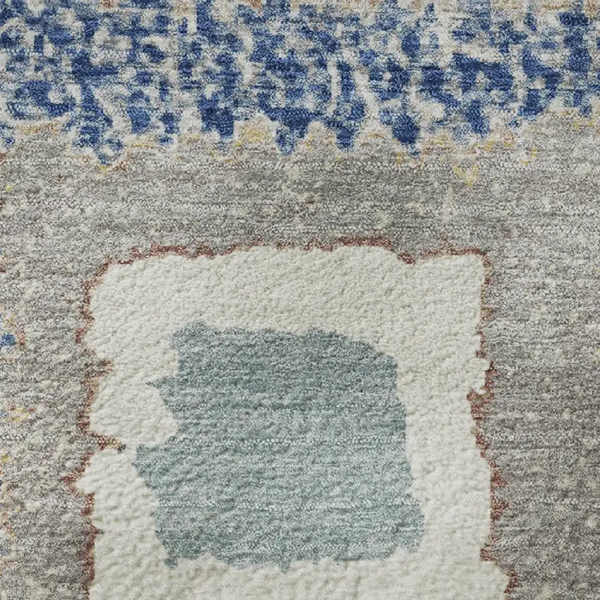 8' Navy Blue Ivory And Beige Geometric Washable Round Rug With UV Protection Photo 9