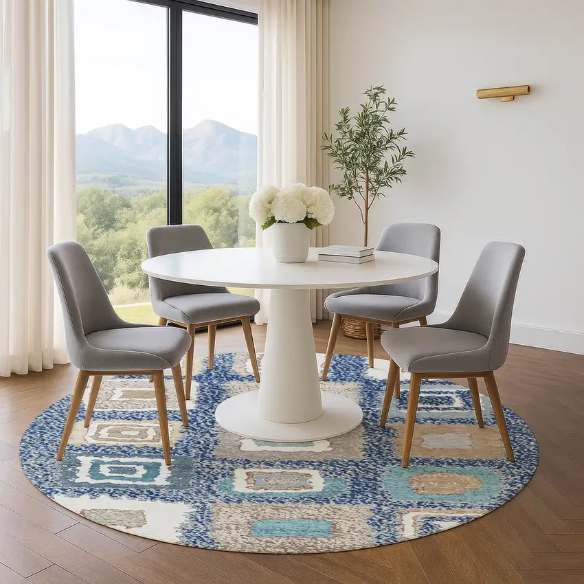 8' Navy Blue Ivory And Beige Geometric Washable Round Rug With UV Protection Photo 5