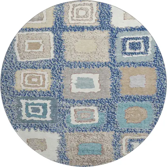 8' Navy Blue Ivory And Beige Geometric Washable Round Rug With UV Protection Photo 1