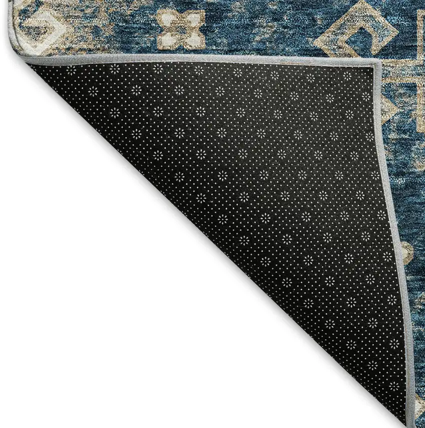 8' Navy Blue Ivory And Beige Medallion Washable Round Rug With UV Protection Photo 6