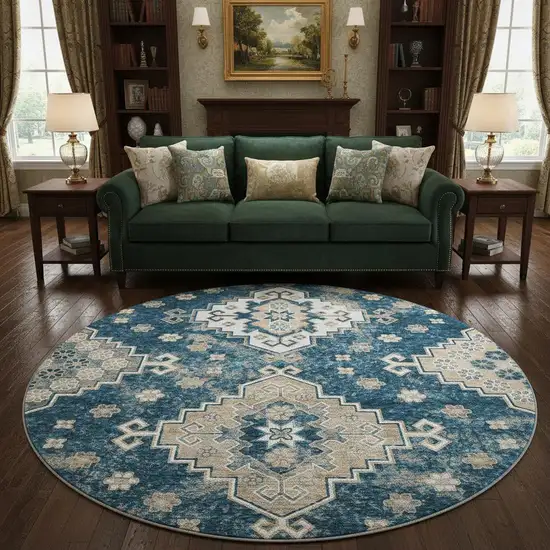 8' Navy Blue Ivory And Beige Medallion Washable Round Rug With UV Protection Photo 2