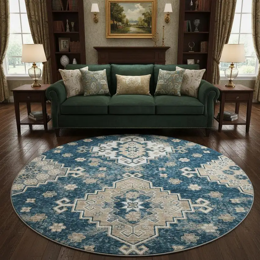 8' Navy Blue Ivory And Beige Medallion Washable Round Rug With UV Protection Photo 2