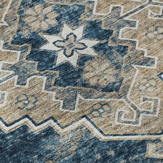 8' Navy Blue Ivory And Beige Medallion Washable Round Rug With UV Protection Photo 9