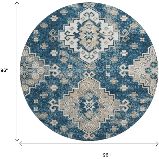 8' Navy Blue Ivory And Beige Medallion Washable Round Rug With UV Protection Photo 3