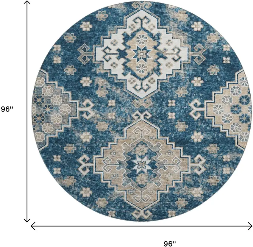 8' Navy Blue Ivory And Beige Medallion Washable Round Rug With UV Protection Photo 3