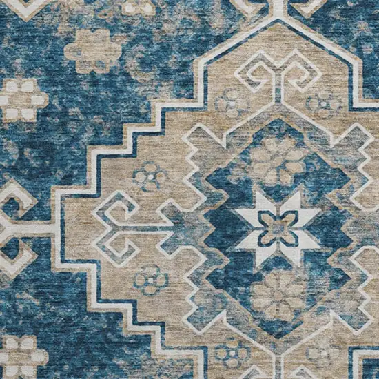 8' Navy Blue Ivory And Beige Medallion Washable Round Rug With UV Protection Photo 3