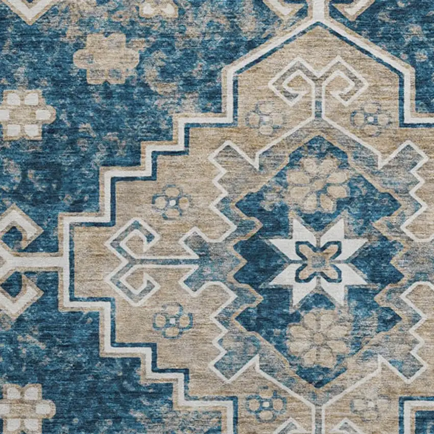 8' Navy Blue Ivory And Beige Medallion Washable Round Rug With UV Protection Photo 3