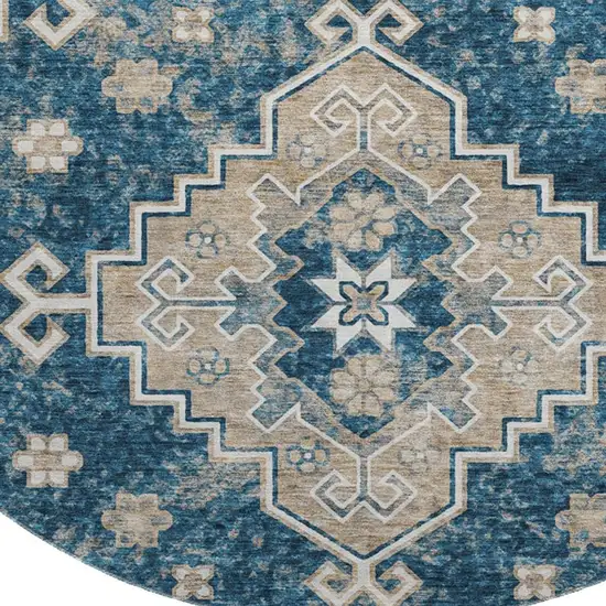 8' Navy Blue Ivory And Beige Medallion Washable Round Rug With UV Protection Photo 4