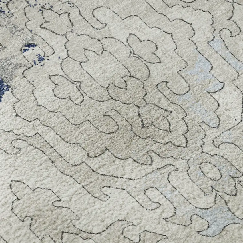 8' Navy Blue Ivory And Beige Medallion Washable Round Rug With UV Protection Photo 9