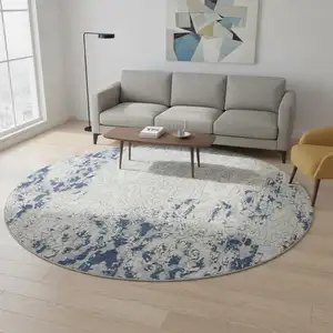 Photo of 8' Navy Blue Ivory And Beige Medallion Washable Round Rug With UV Protection