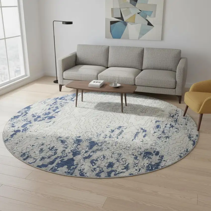 8' Navy Blue Ivory And Beige Medallion Washable Round Rug With UV Protection Photo 1