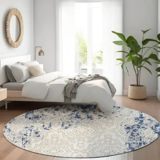 8' Navy Blue Ivory And Beige Medallion Washable Round Rug With UV Protection Photo 5