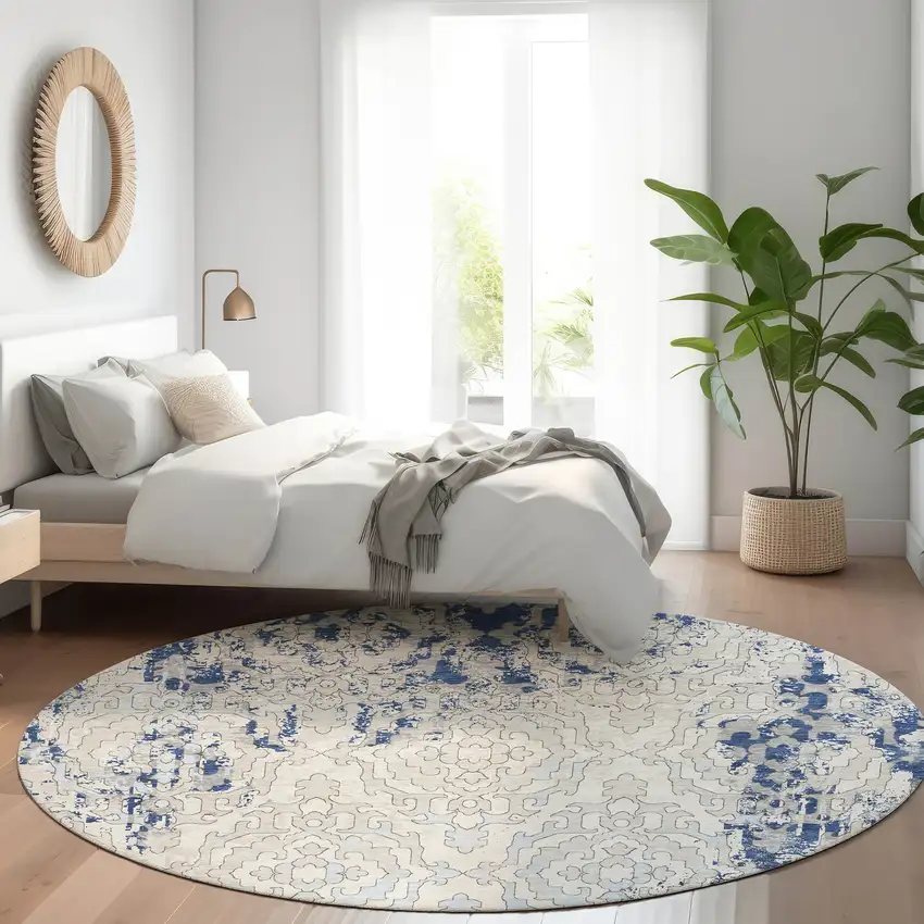 8' Navy Blue Ivory And Beige Medallion Washable Round Rug With UV Protection Photo 5