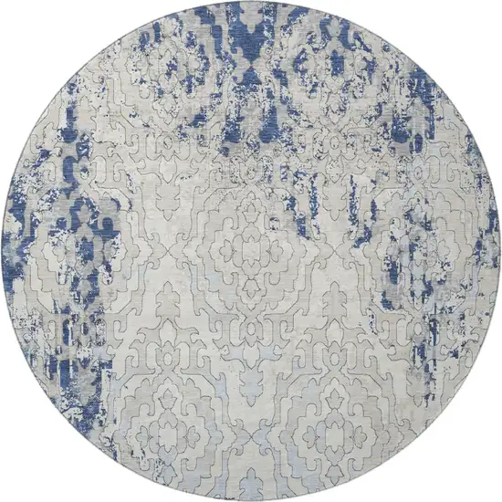 8' Navy Blue Ivory And Beige Medallion Washable Round Rug With UV Protection Photo 4