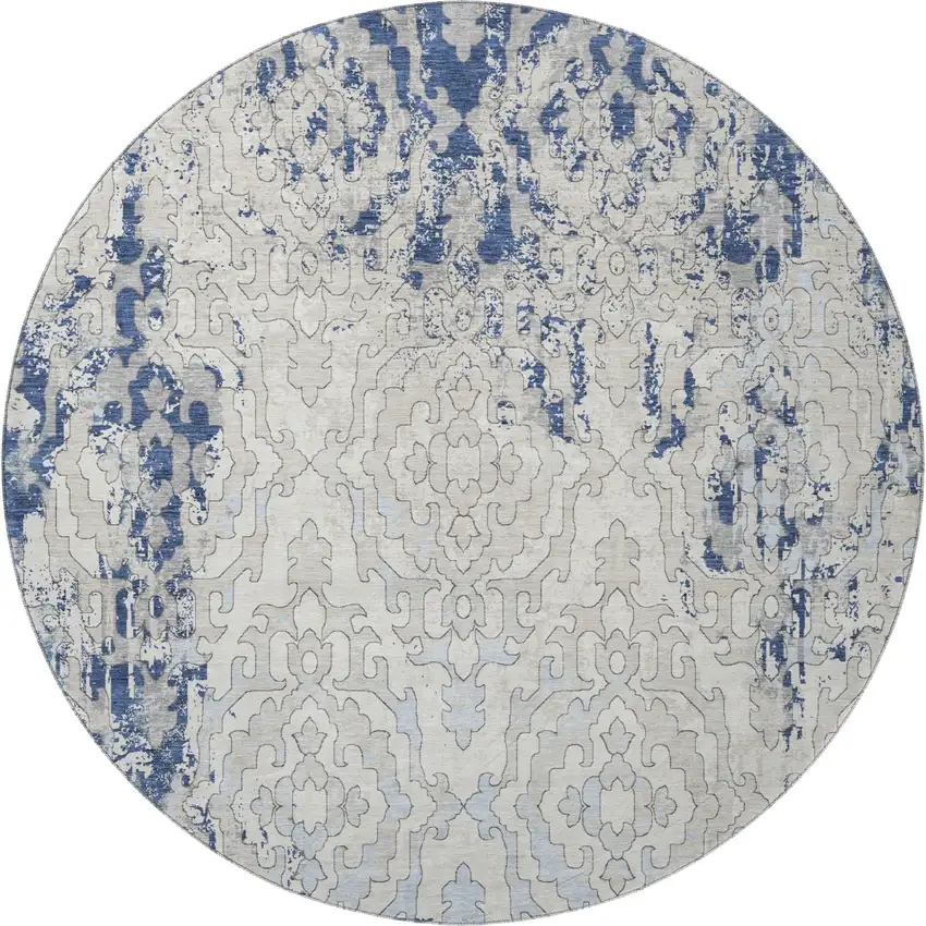 8' Navy Blue Ivory And Beige Medallion Washable Round Rug With UV Protection Photo 4