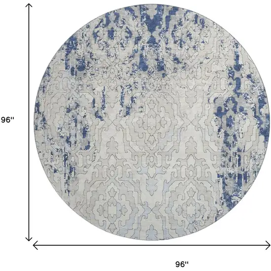 8' Navy Blue Ivory And Beige Medallion Washable Round Rug With UV Protection Photo 3