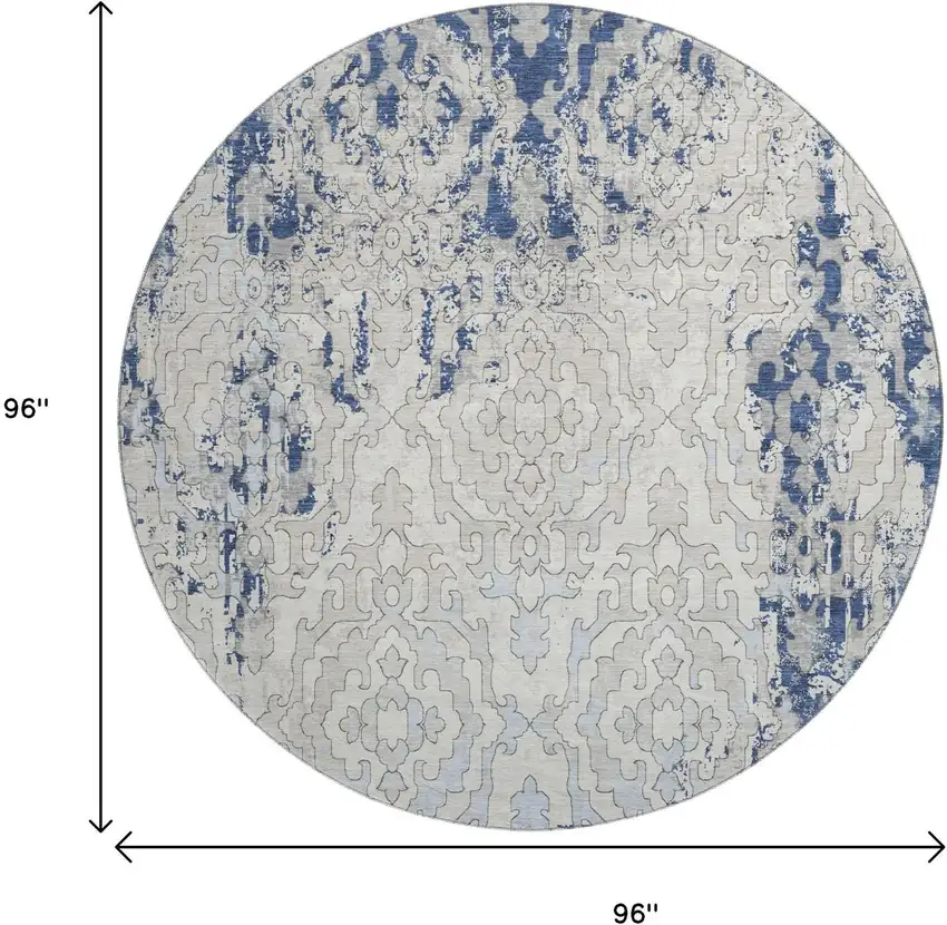 8' Navy Blue Ivory And Beige Medallion Washable Round Rug With UV Protection Photo 3