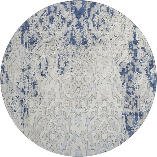 8' Navy Blue Ivory And Beige Medallion Washable Round Rug With UV Protection Photo 2