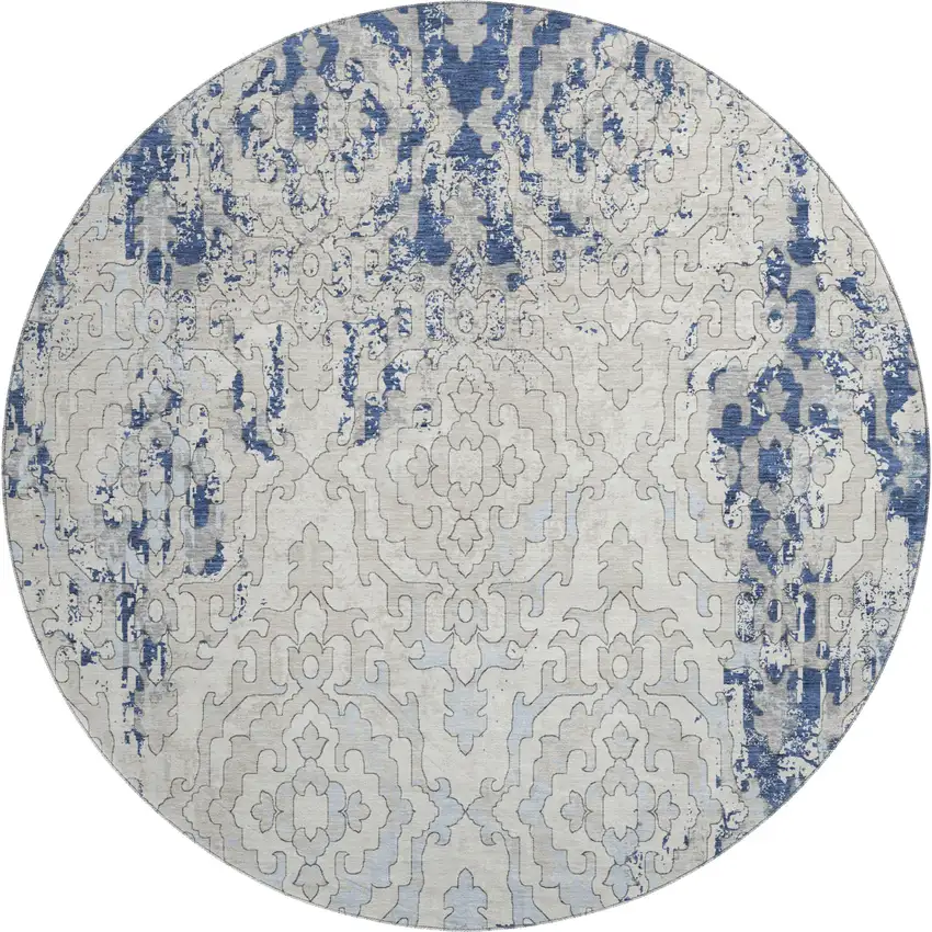 8' Navy Blue Ivory And Beige Medallion Washable Round Rug With UV Protection Photo 2