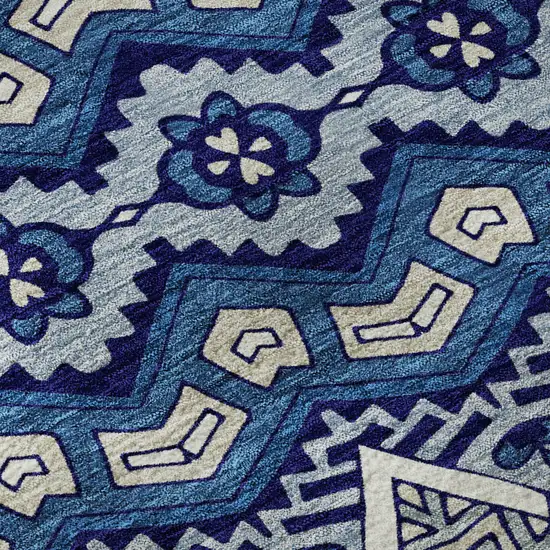 8' Navy Blue Ivory And Beige Moroccan Washable Round Rug With UV Protection Photo 9