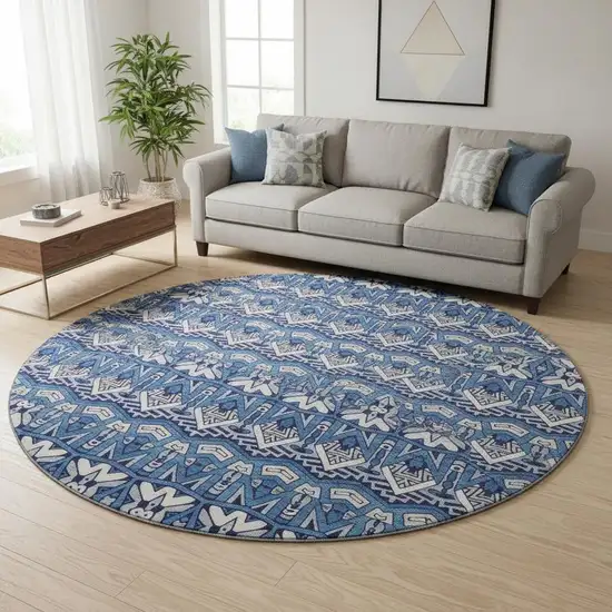 8' Navy Blue Ivory And Beige Moroccan Washable Round Rug With UV Protection Photo 2