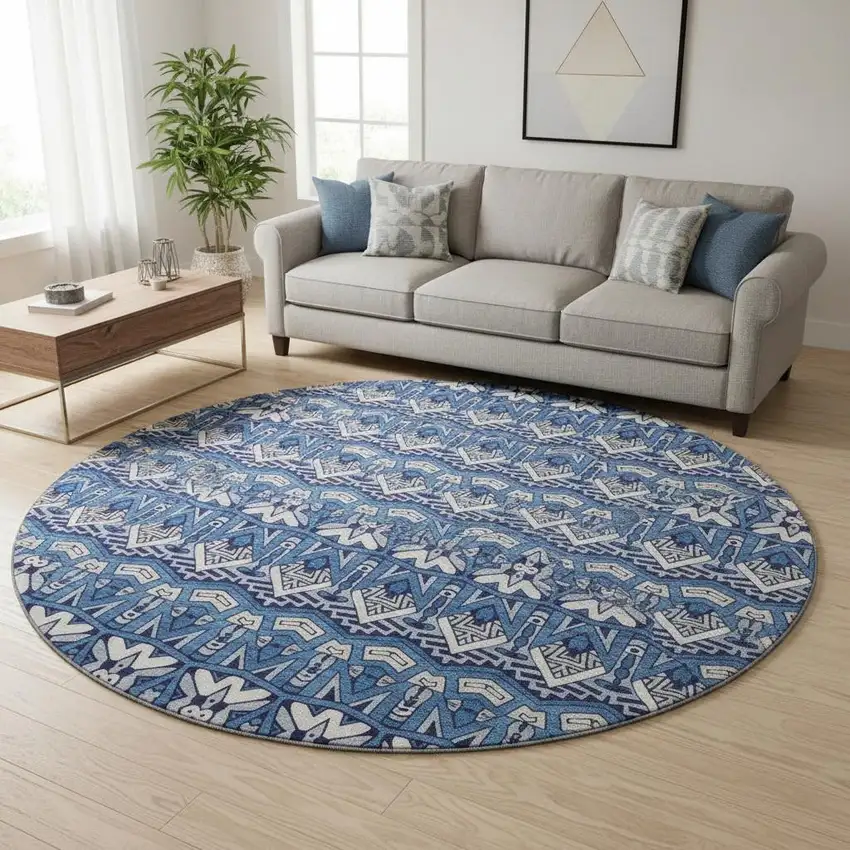 8' Navy Blue Ivory And Beige Moroccan Washable Round Rug With UV Protection Photo 2