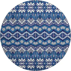 Photo of 8' Navy Blue Ivory And Beige Moroccan Washable Round Rug With UV Protection