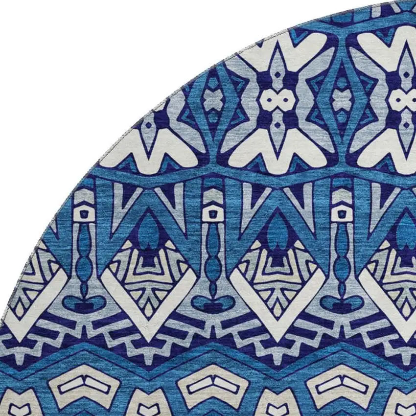 8' Navy Blue Ivory And Beige Moroccan Washable Round Rug With UV Protection Photo 4