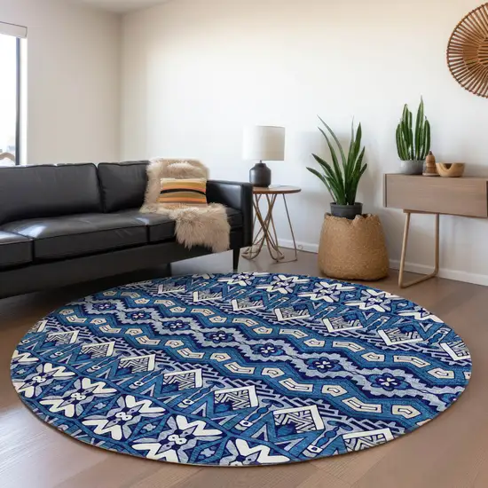 8' Navy Blue Ivory And Beige Moroccan Washable Round Rug With UV Protection Photo 5