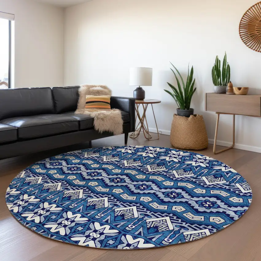 8' Navy Blue Ivory And Beige Moroccan Washable Round Rug With UV Protection Photo 5