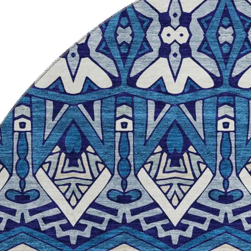 8' Navy Blue Ivory And Beige Moroccan Washable Round Rug With UV Protection Photo 3