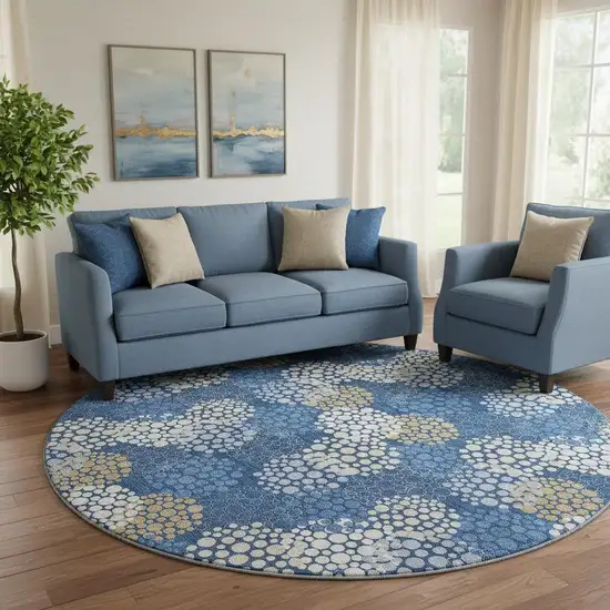 8' Navy Blue Ivory And Beige Polka Dot Washable Round Rug With UV Protection Photo 1