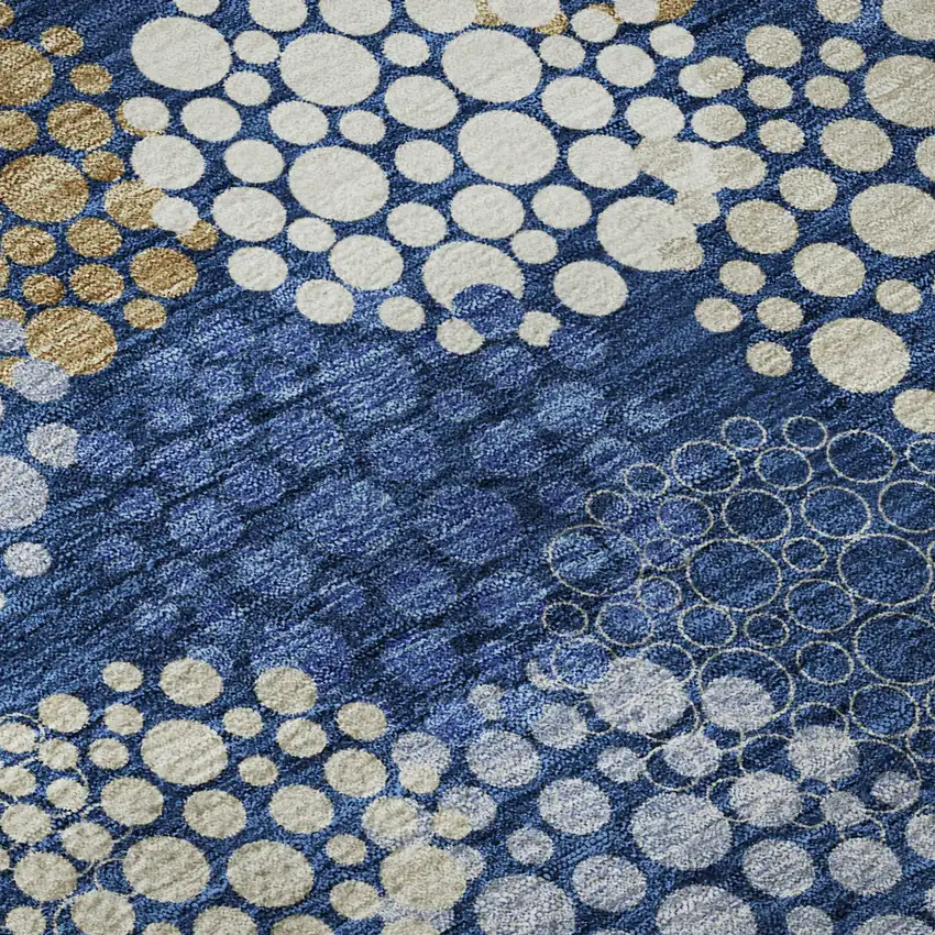 8' Navy Blue Ivory And Beige Polka Dot Washable Round Rug With UV Protection Photo 9