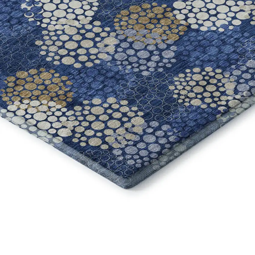 8' Navy Blue Ivory And Beige Polka Dot Washable Round Rug With UV Protection Photo 7