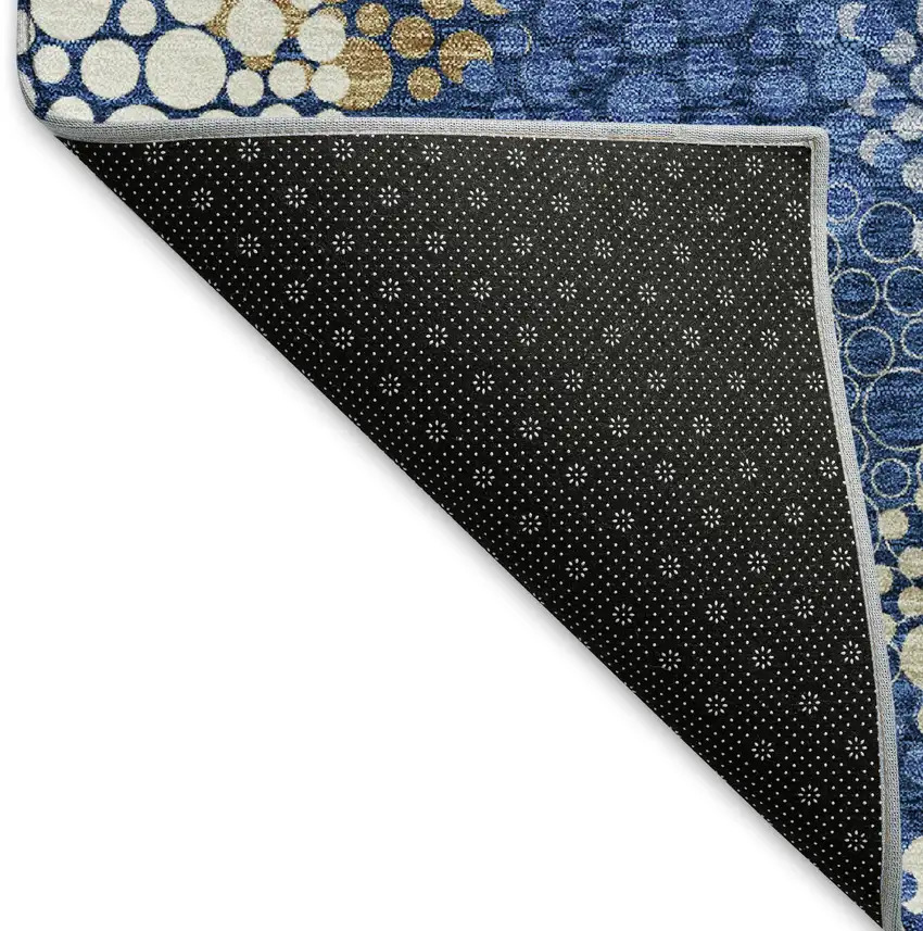 8' Navy Blue Ivory And Beige Polka Dot Washable Round Rug With UV Protection Photo 6