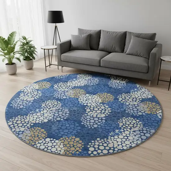 8' Navy Blue Ivory And Beige Polka Dot Washable Round Rug With UV Protection Photo 2