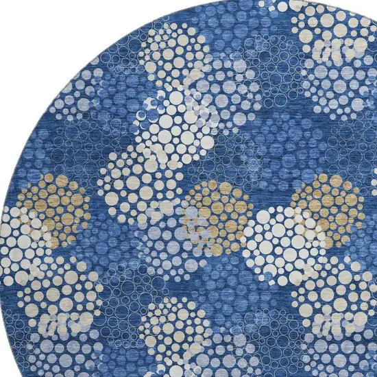 8' Navy Blue Ivory And Beige Polka Dot Washable Round Rug With UV Protection Photo 3