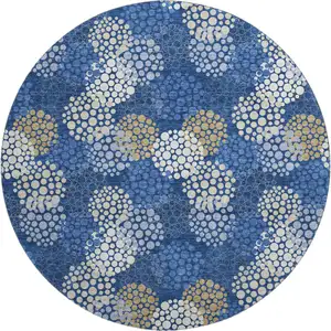 Photo of 8' Navy Blue Ivory And Beige Polka Dot Washable Round Rug With UV Protection