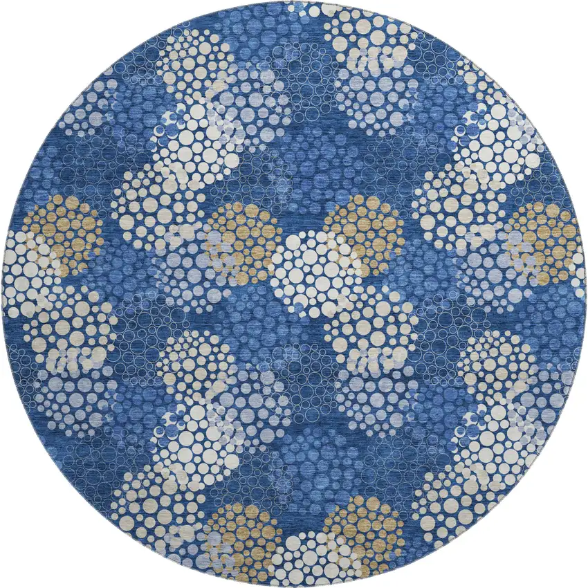 8' Navy Blue Ivory And Beige Polka Dot Washable Round Rug With UV Protection Photo 1