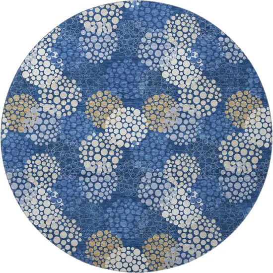 8' Navy Blue Ivory And Beige Polka Dot Washable Round Rug With UV Protection Photo 4